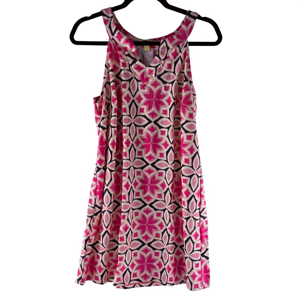 Aryeh Pink Navy Geometric Floral Medallion Sleeveless Shift Dress Large L